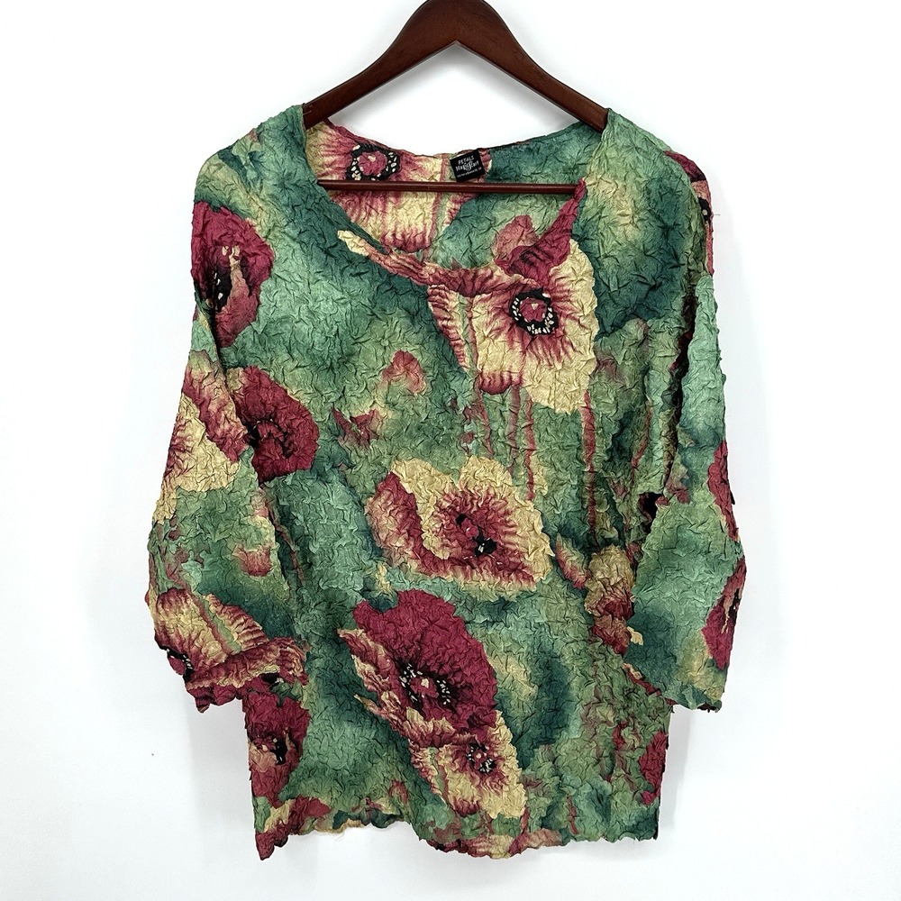 Petals Magic Scarf Green Pink Flowers 3/4 Sleeve Crinkled Blouse XL-3X